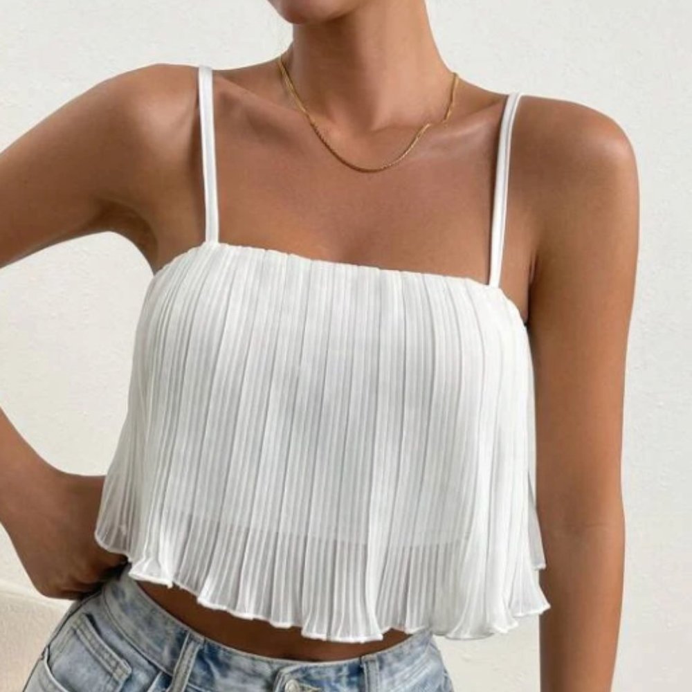 White Solid Pleated Cami Top